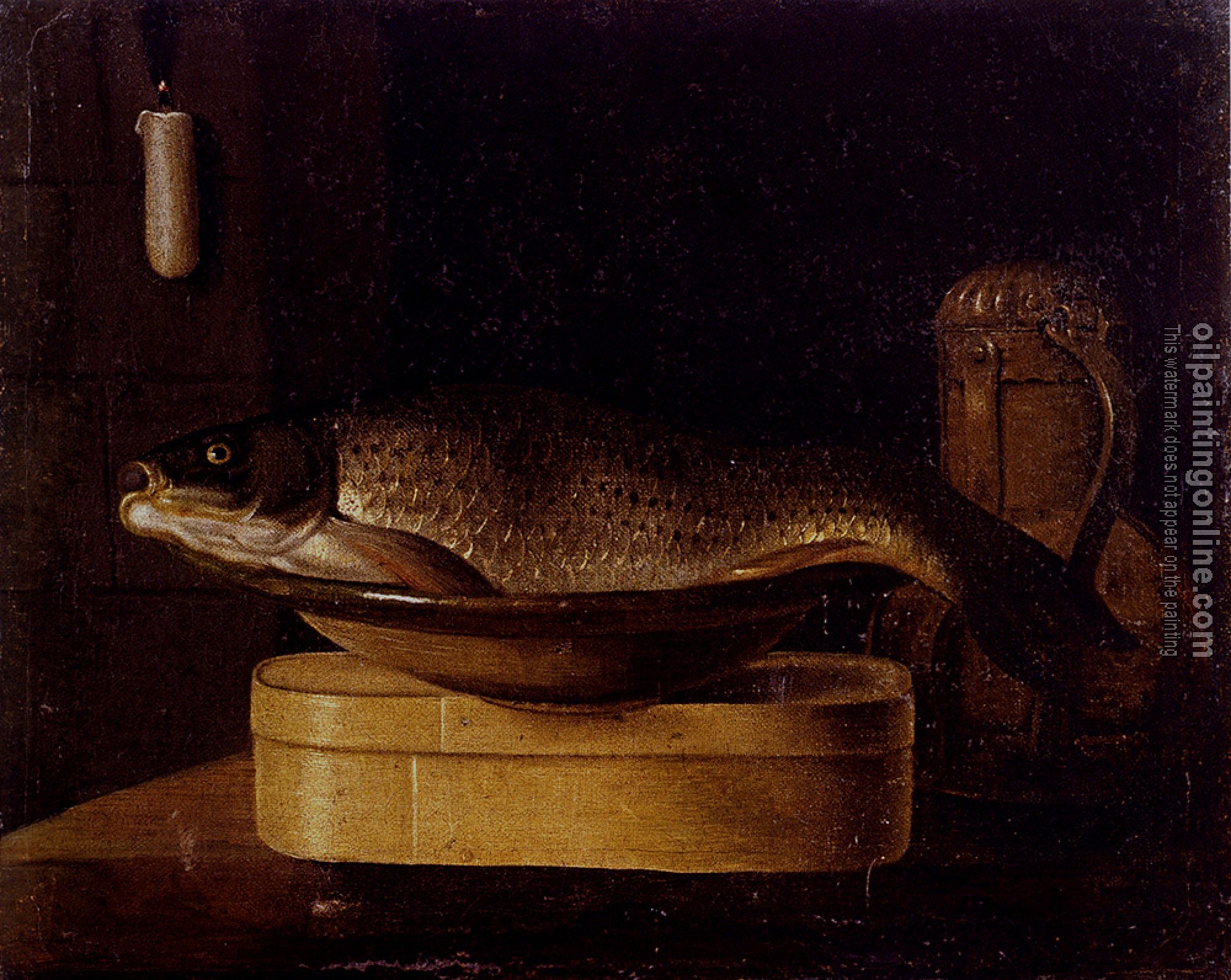 Sebastien Stoskopff - Still Life Of A carp In A Bowl Placed On A Wooden Box